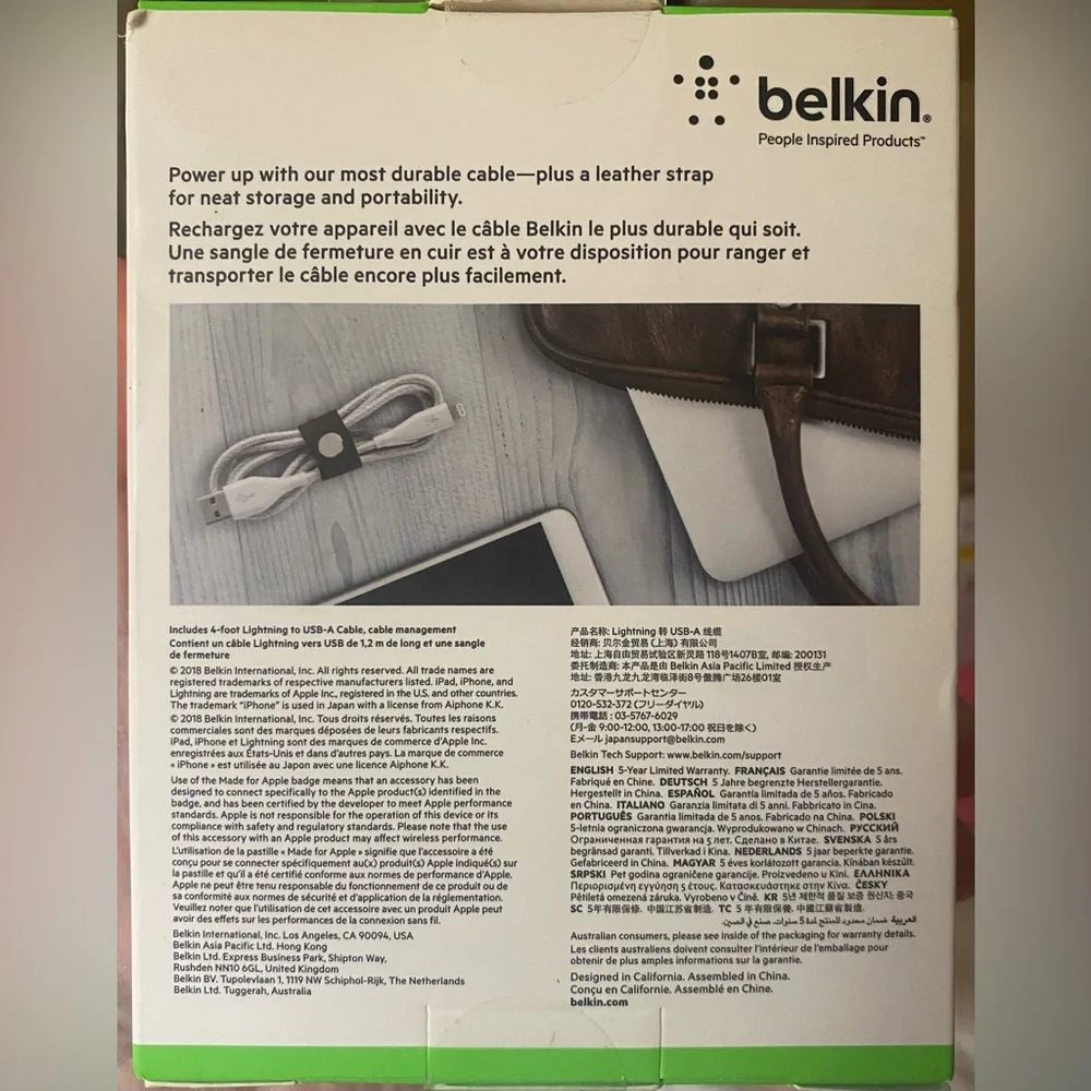 NIB - belkin DuraTek Plus Lightning to USB-A Cable & Strap for iPhone/iPad